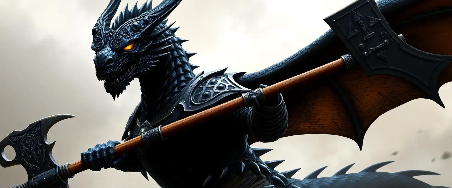Black Dragonborn warrior, obsidian scales, yellow eyes, heavy armor, warhammer, Clan Daardendrien crest.