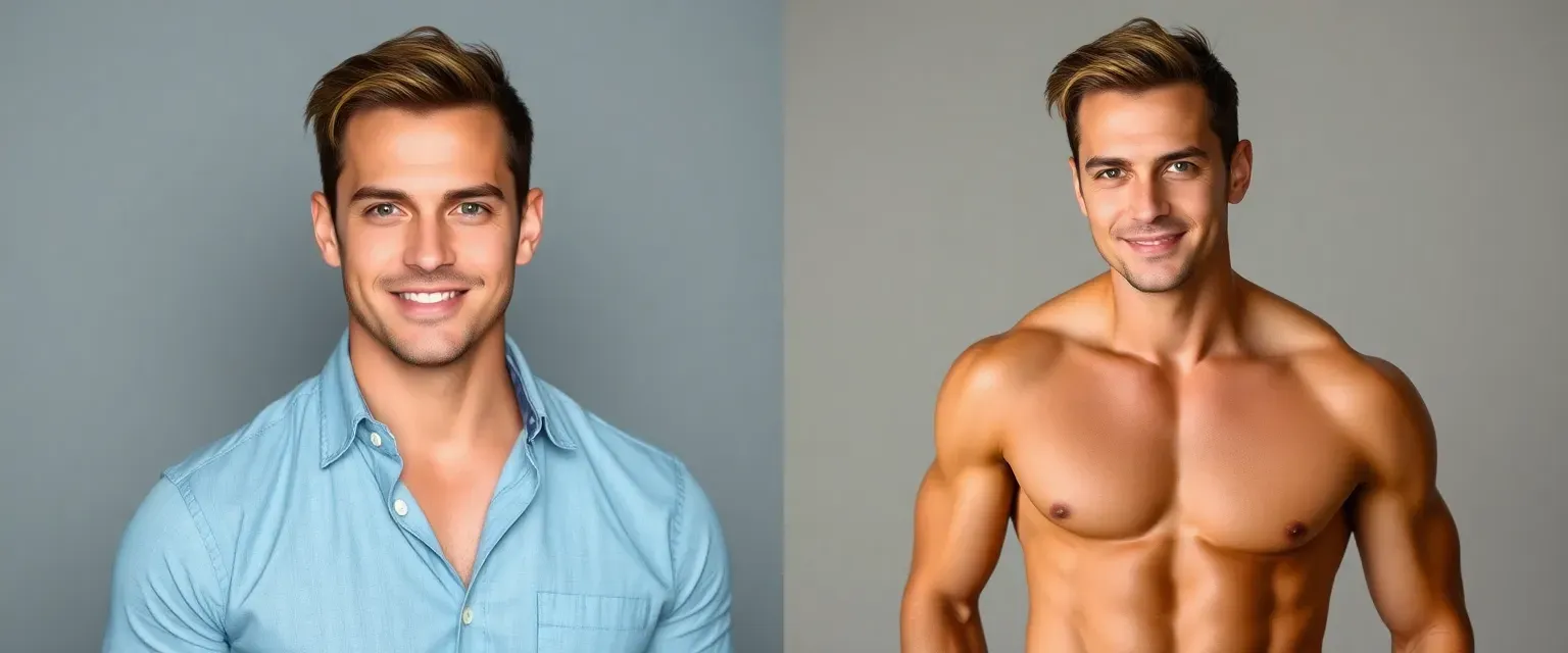 32-year-old Charles, tan skin, lean muscles, green-blue eyes, friendly face, wearing pale blue button-up and dark green cargo pants, athletic and sleek.
