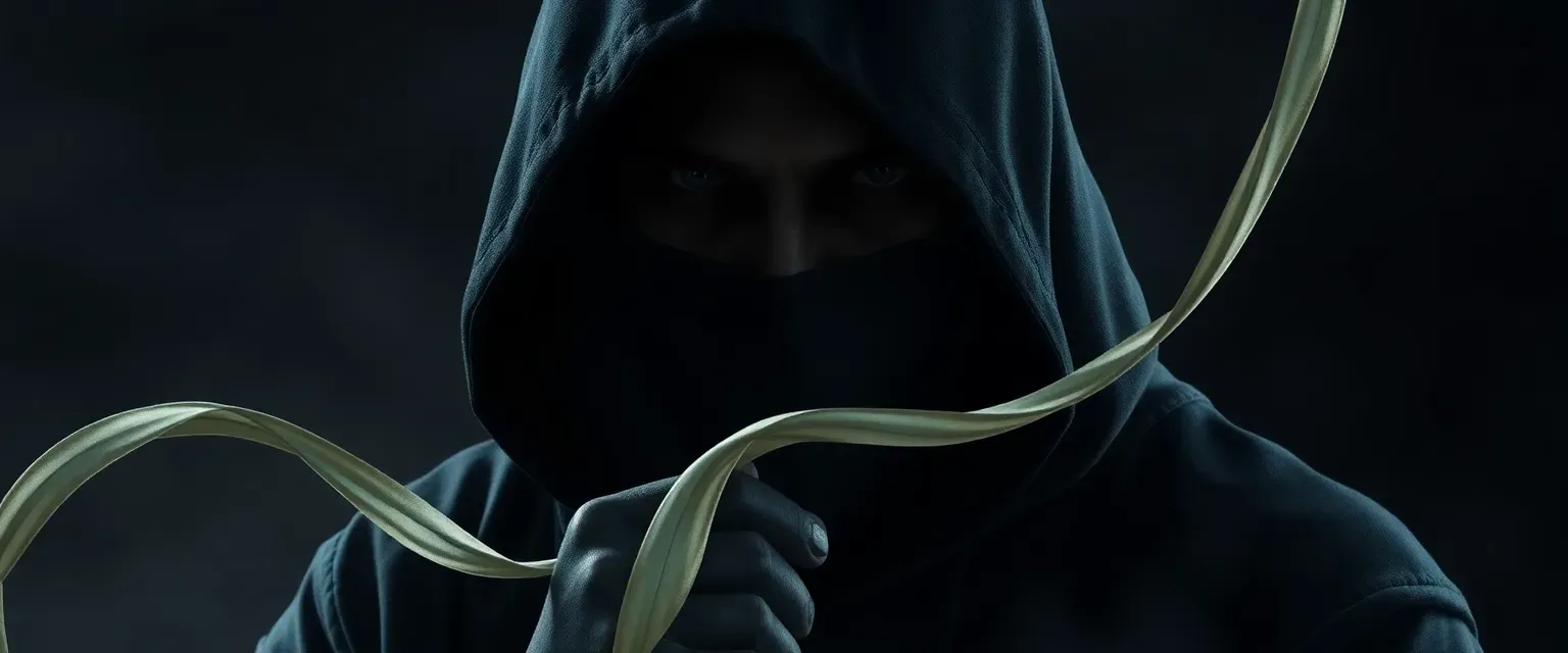 A hooded figure in dark, stealthy attire, face obscured, eyes glinting with lethal intent, holding a silk cord.