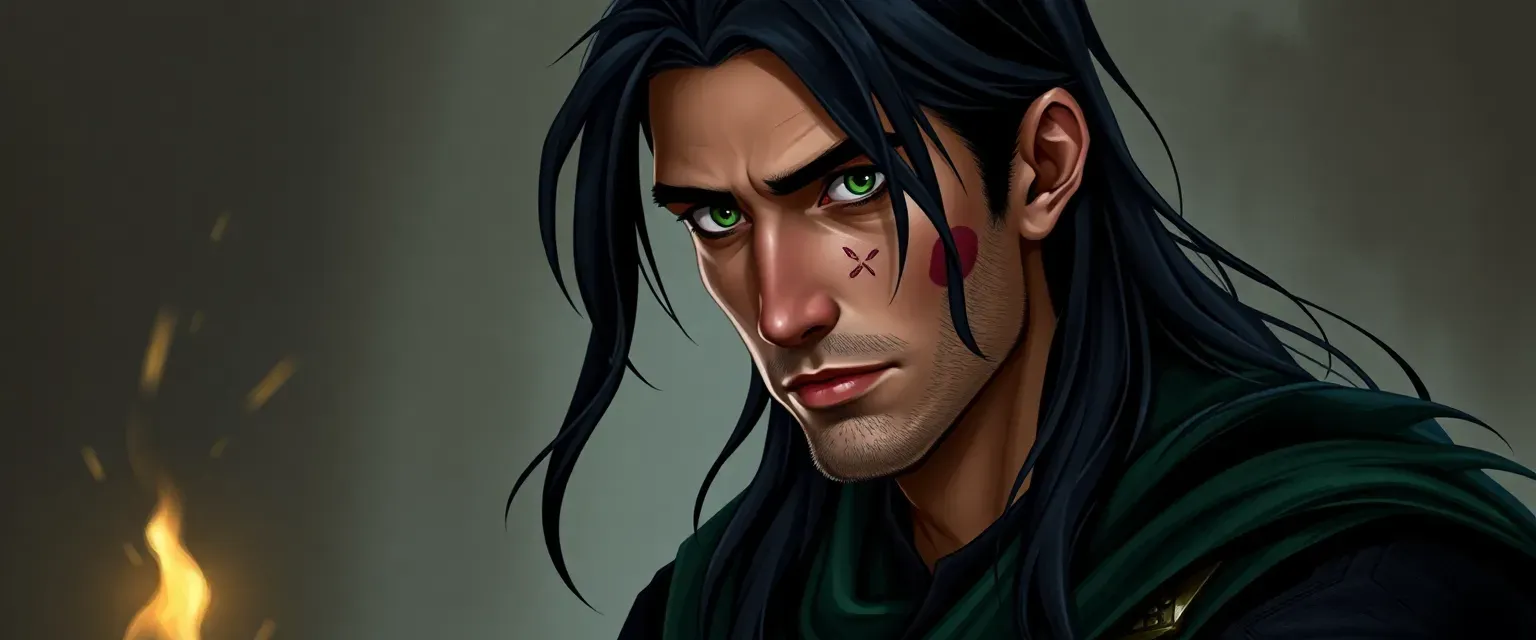 Tall, lean wizard in his late thirties with piercing green eyes, a scar on left cheek, long black hair, wearing dark green and black robes.
