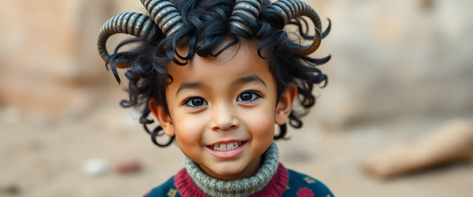 A six-year-old Tibetan antelope boy with curly hair styled playfully; energetic, impulsive, quick-witted yet emotionally volatile due to severe ADHD.