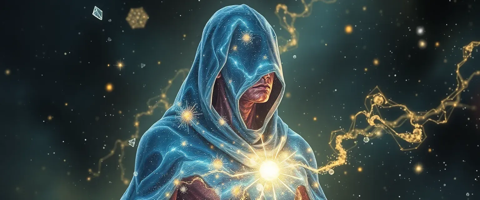 Humanoid figure made of galaxies and glass shards, wearing a starlight robe, with void-like eyes.