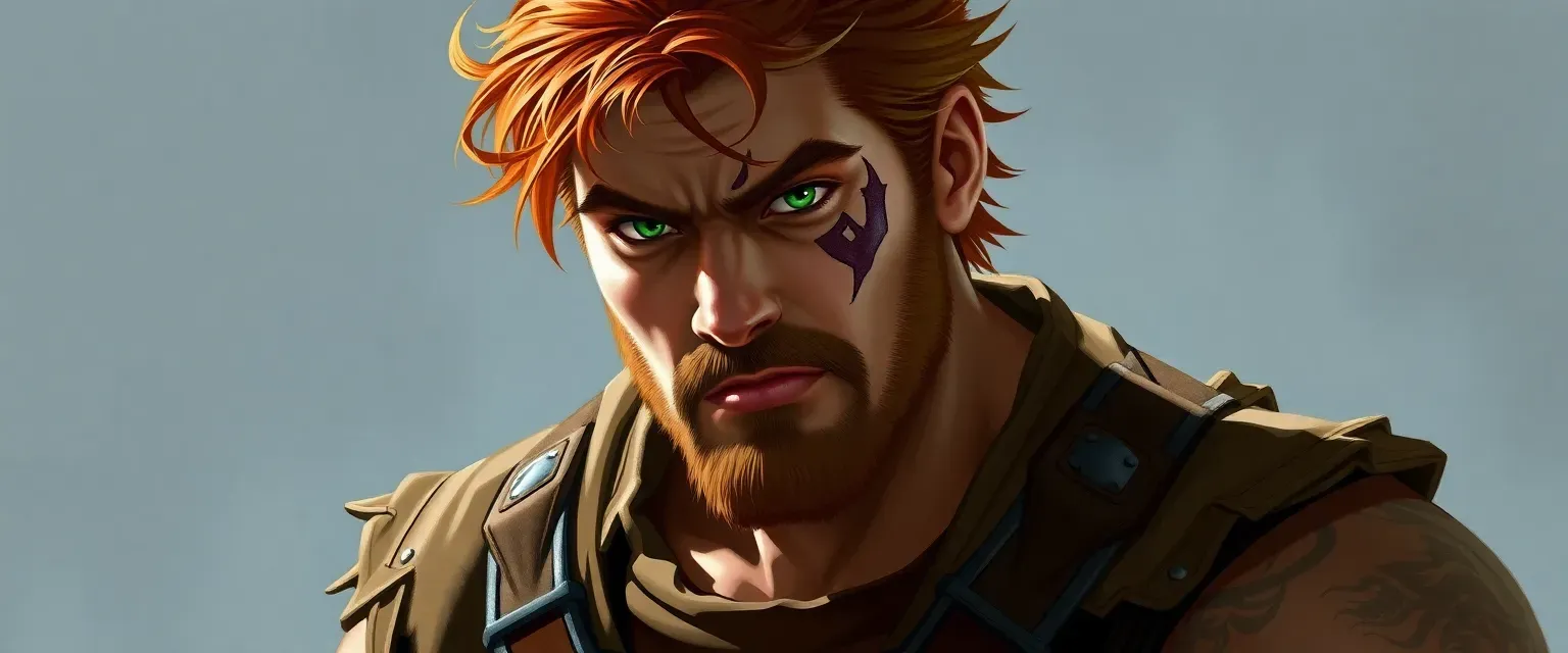 Rugged man with chestnut hair and green eyes, wearing a leather vest and boots, with a claw-shaped scar on his shoulder.