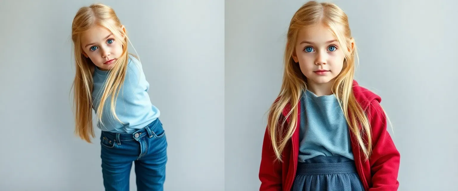 8-year-old girl with long blonde hair, deep blue eyes, freckles, wearing either sturdy jeans and a pale blue T-shirt or a school uniform with a grey skirt and crimson red jacket.