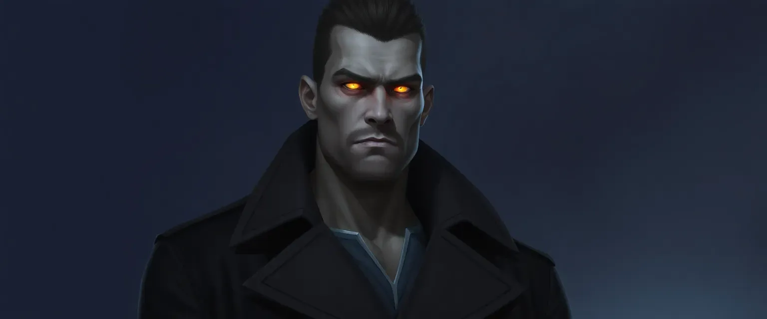 Tall, muscular man with gray, granite-like skin and glowing amber eyes, wearing a dark trench coat.