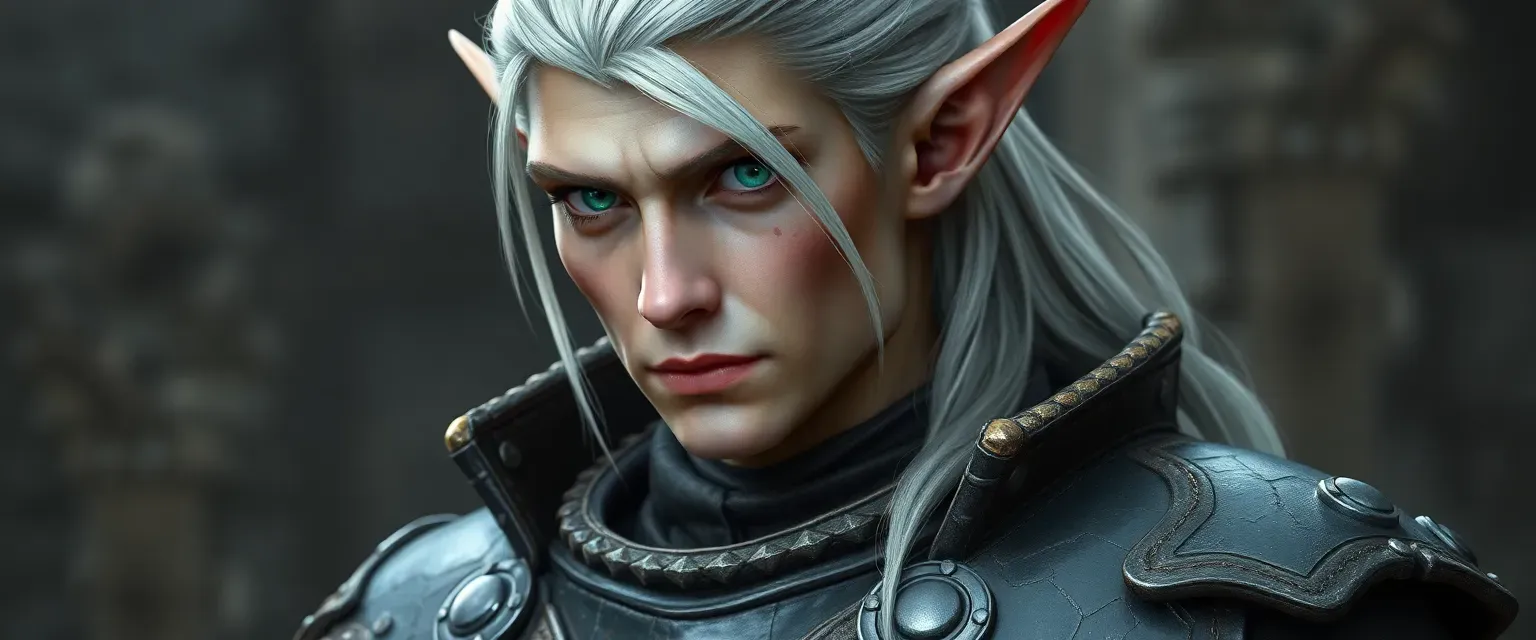 Tall high elf with silver hair and emerald eyes, wearing worn leather armor with tarnished military regalia, scar on left cheek.
