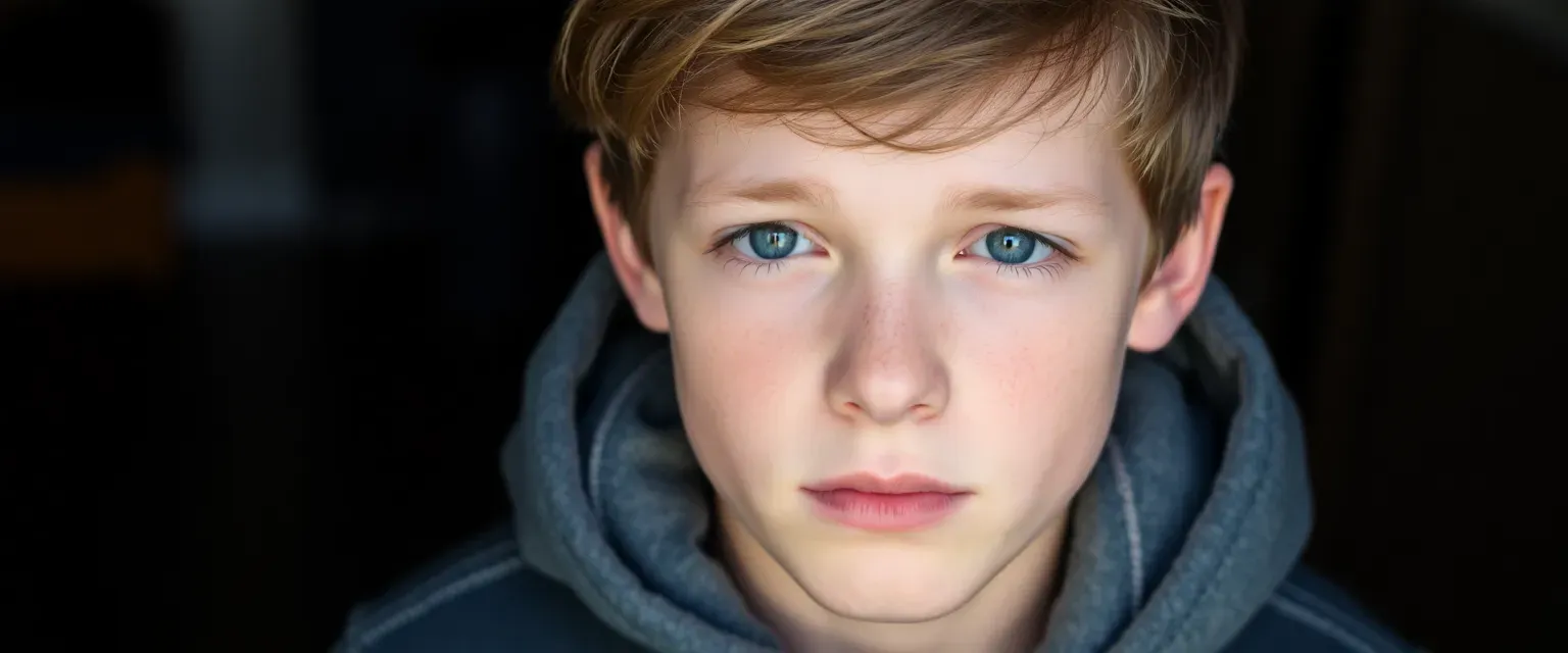 18-year-old Scotty with blue eyes and sandy brown hair, wearing faded jeans and a hoodie, looks sorrowful.