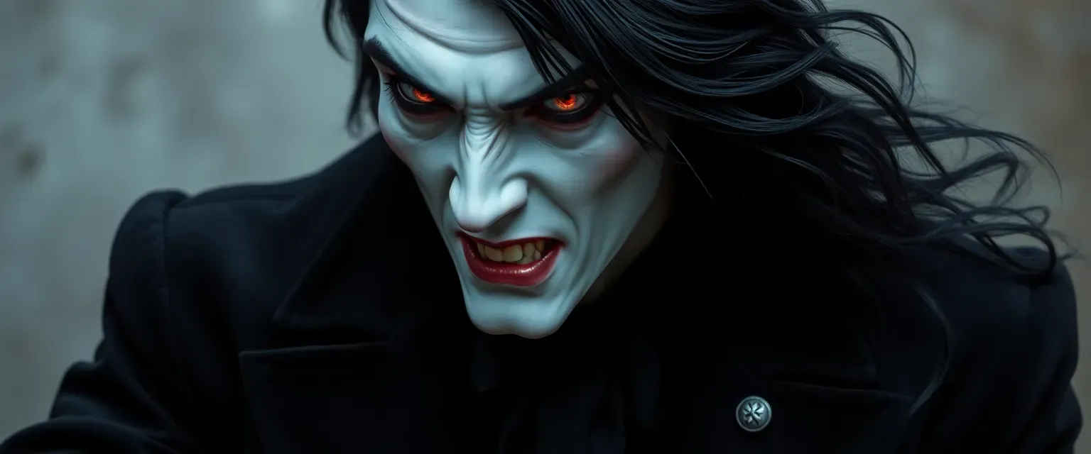 A pale vampire with crimson eyes and jet-black hair, dressed in a Victorian-era black velvet suit with silver buttons.