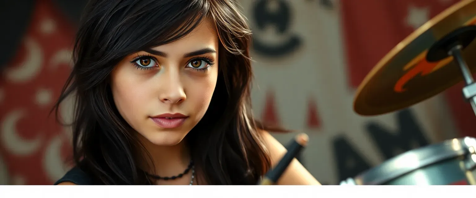 Late teen girl with chocolate brown hair, amber eyes, softer features, Puerto Rican, punk band drummer.