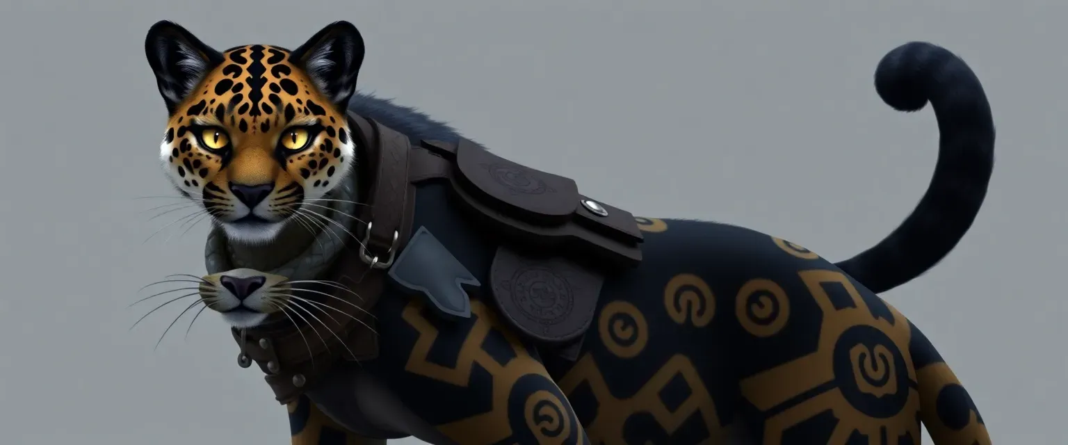 20 y/o jaguar kemonomimi, gold eyes, dark fur on ears and tail, combat leathers with ancestral symbols.