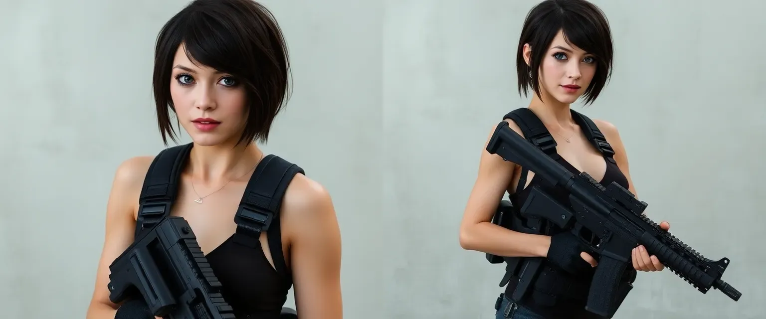 23-year-old female, 5'10", fit physique, stunning Ulzzang beauty, blue eyes, short dark hair, tactical gear.
