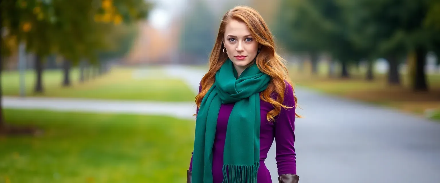 22-year-old woman with long auburn hair, purple dress, green scarf, and purple boots, exuding elegance and determination.