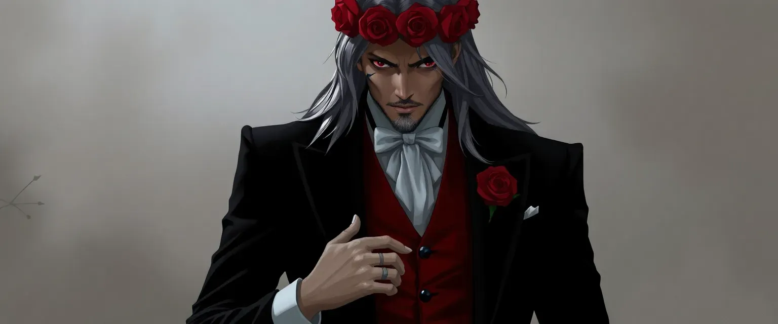 Slender butler with long grey hair, scarred left side, black suit, red waistcoat, crown of roses.