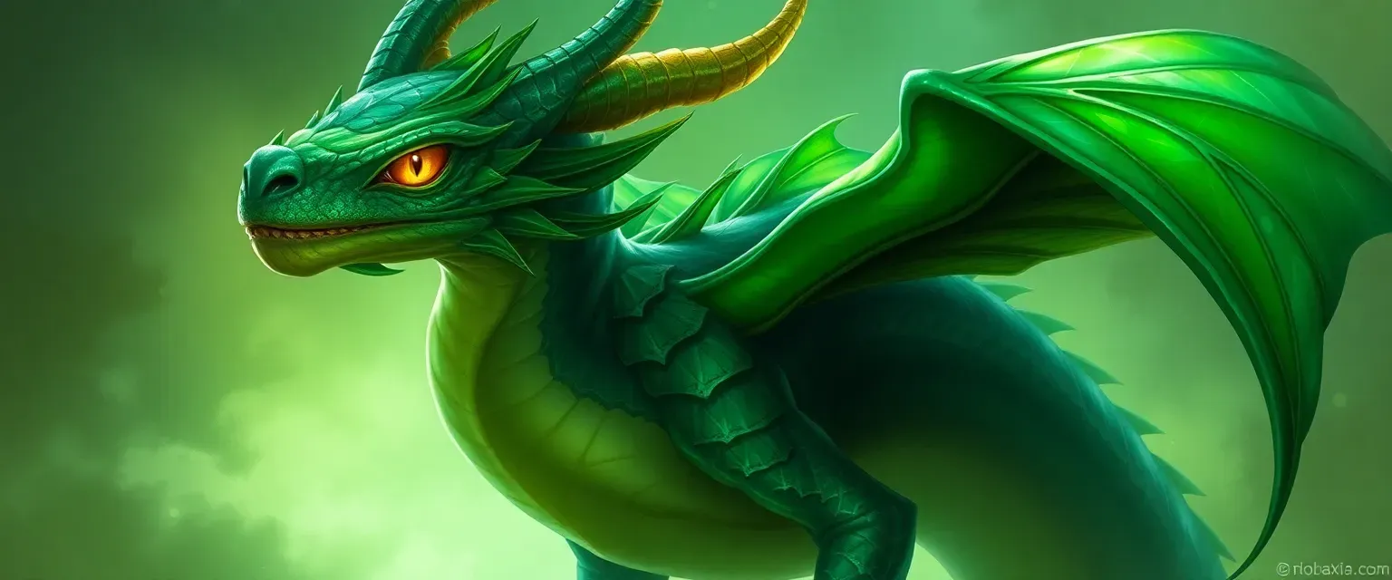 Emerald and jade leaf-like dragon, yellow eyes, slender and youthful, assassin's stealth.