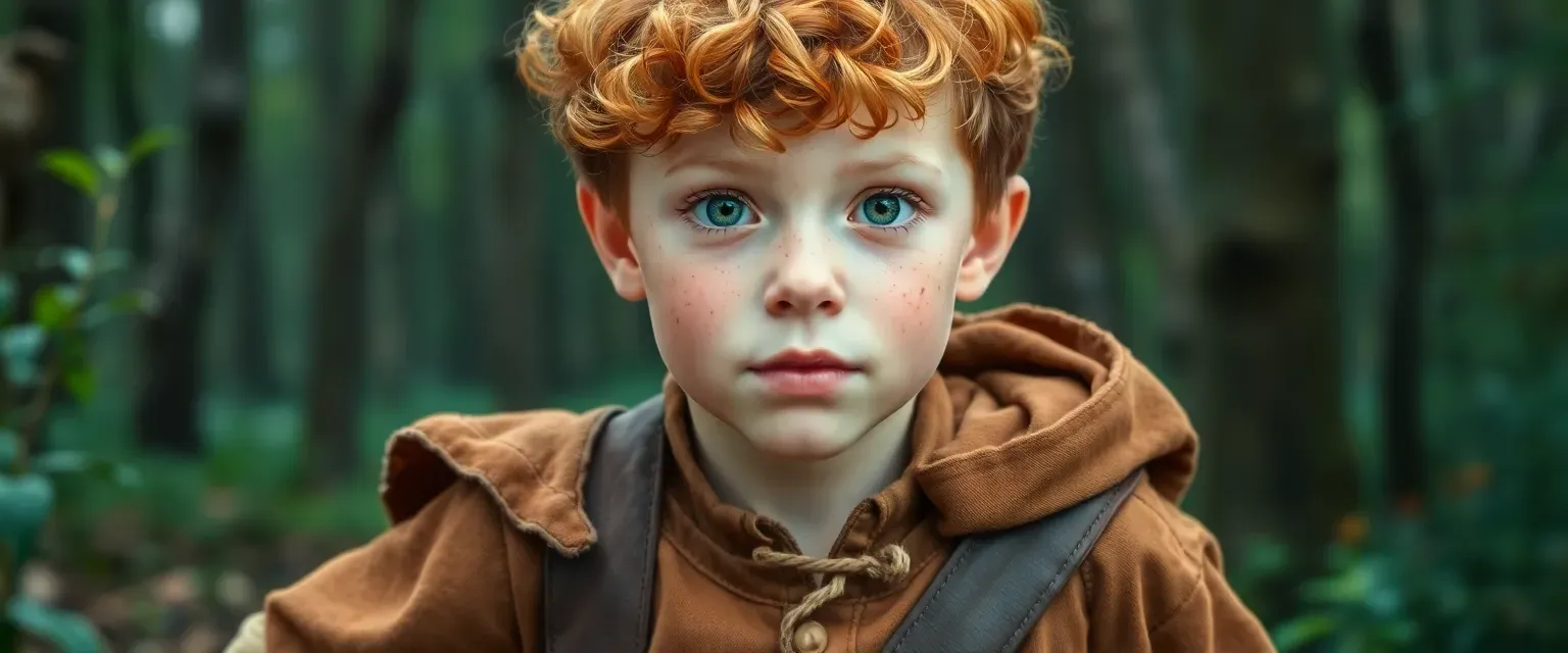 Adventurous boy, 8-9, curly red-blond hair, freckled, bright eyes, earth-toned shirt, worn trousers, medieval cloak, in a magical forest.