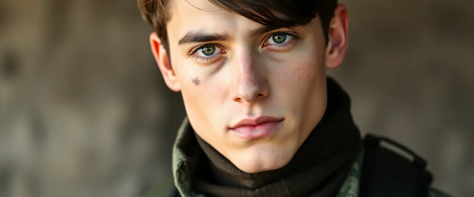 Young man with dark brown hair and eyes, wearing a neck gaiter, scar on right cheek, military uniform.