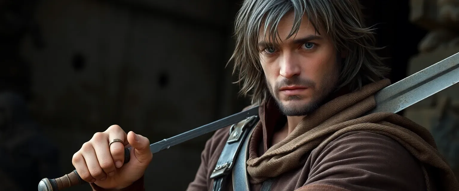 A weathered man in his late twenties with grey-streaked brown hair, wearing a leather jerkin, armed with a longsword.
