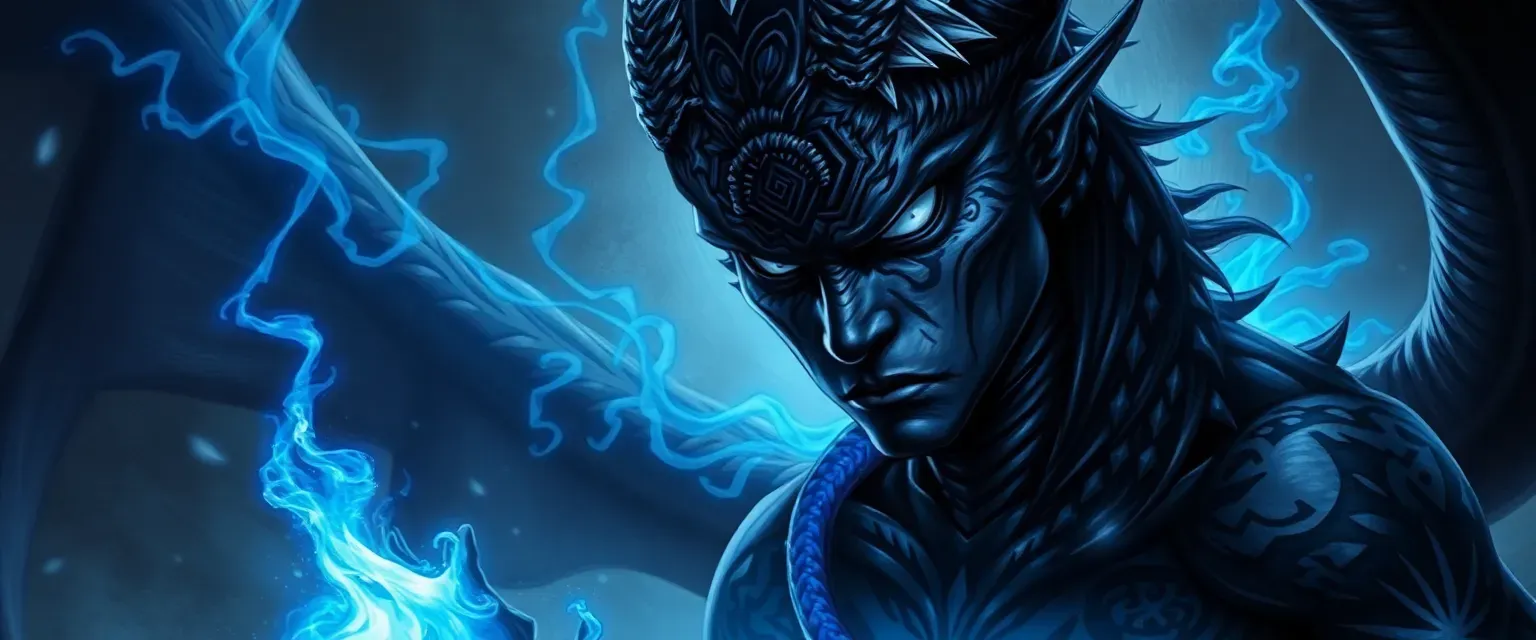Black Dragonborn, late twenties, blue serpent tattoo, pure white eyes, psychic powers.