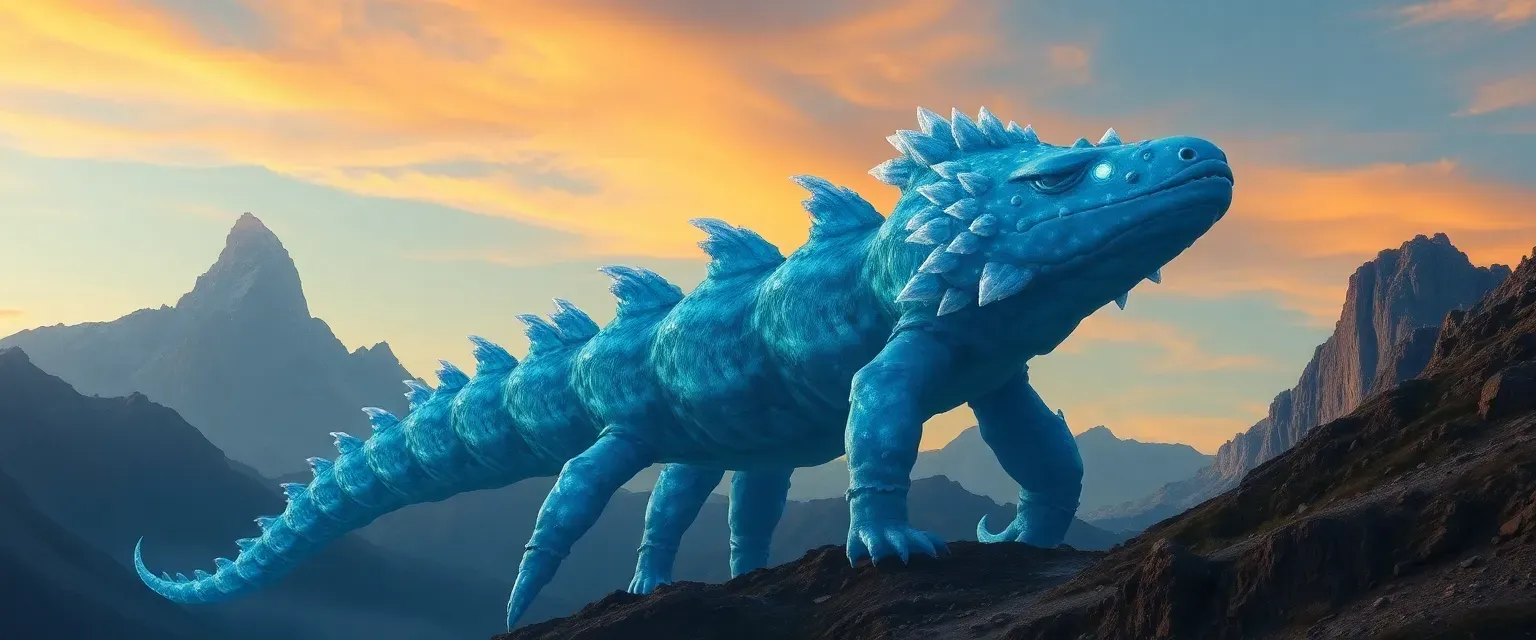 A colossal 20-meter-tall blue axolotl creature with ten legs, adorned with bioluminescent markings and crystalline growths, radiating an otherworldly presence amid mountain peaks.