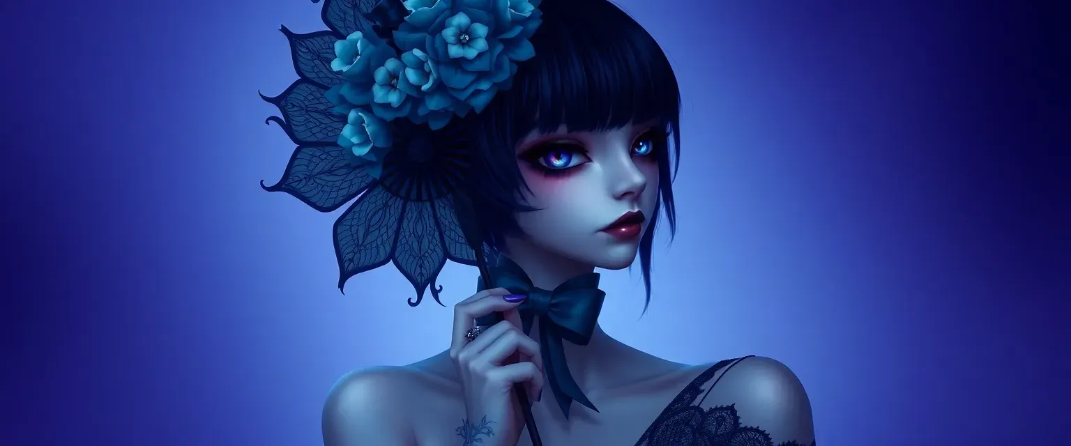 Enigmatic figure with tattoos on one side, multiple violet eyes, decorative fan, bow choker, ripped tights.
