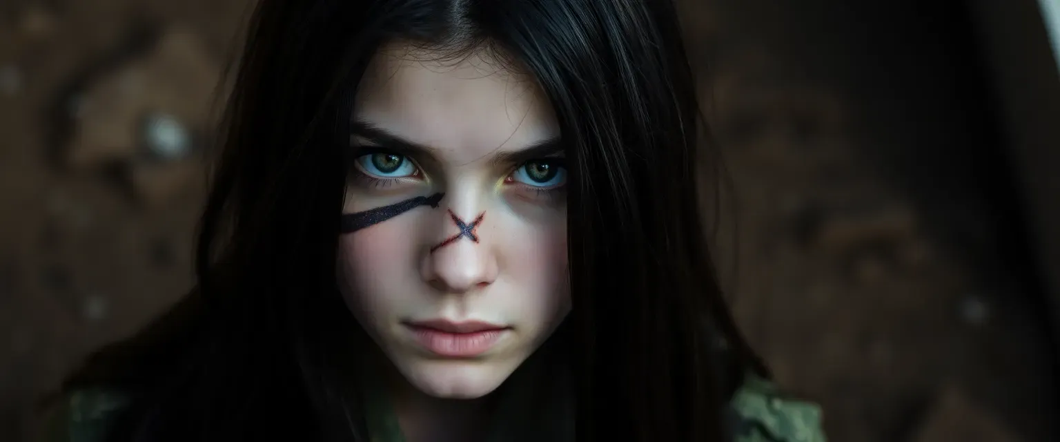 A haunted 17-year-old girl with long dark hair, wearing tattered combat fatigues. Her face bears a distinctive scar across her left cheek, and her eyes hold a mixture of determination and trauma.