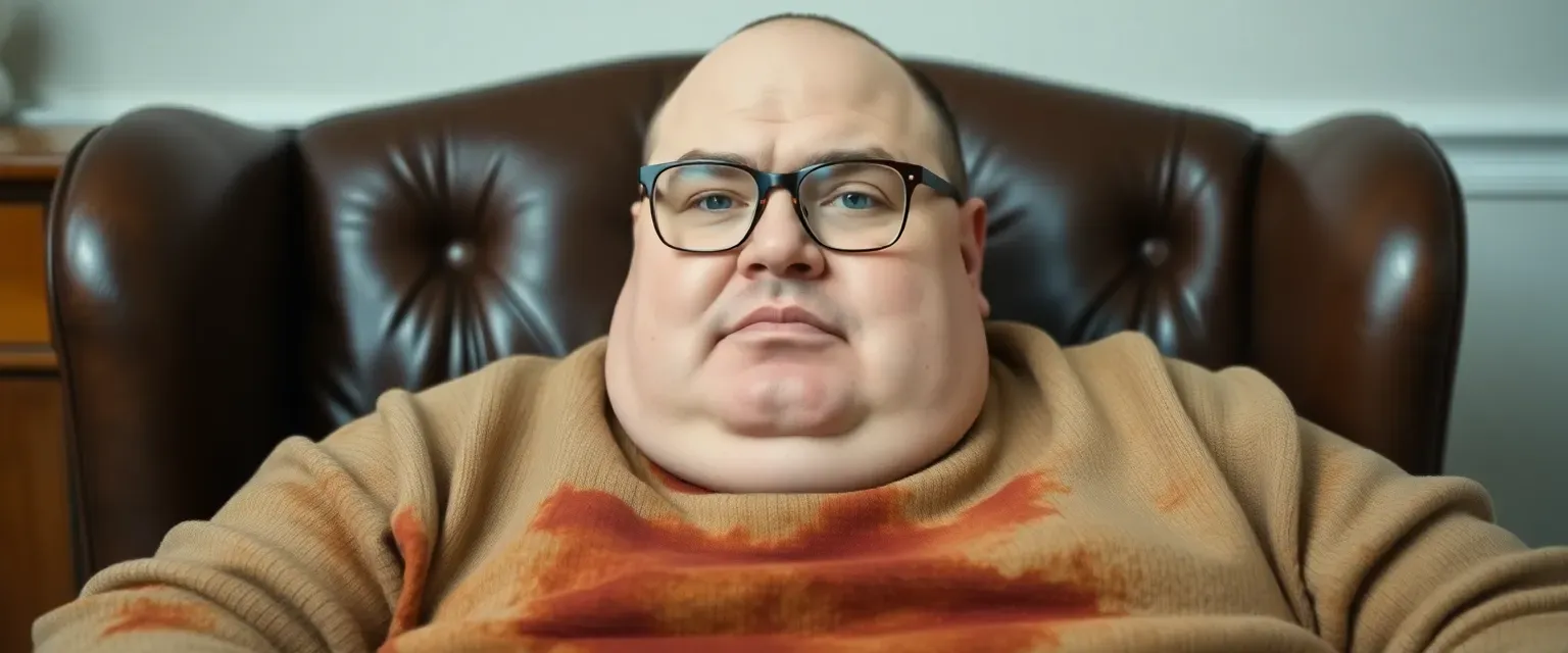 A fat, balding man with glasses and plump lips, sitting in a leather chair, wearing a stained sweater.
