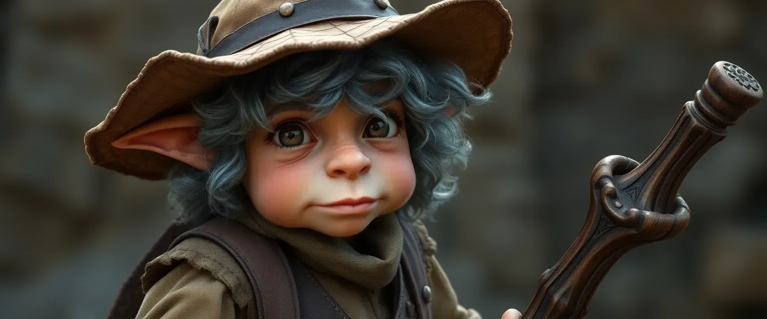 A weathered halfling with gray-streaked curly hair, wearing a wide-brimmed hat, simple clothes, and a leather vest, carrying a carved wooden staff.