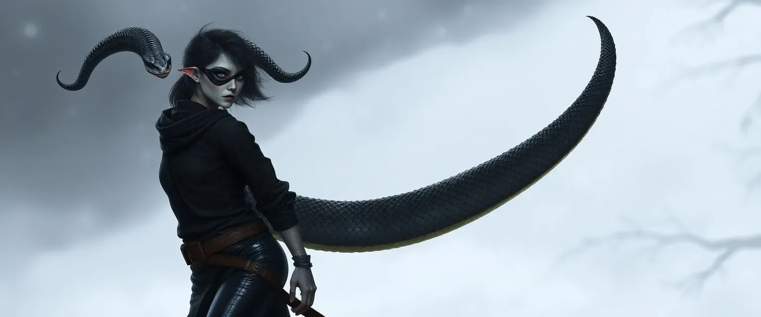 Half-snake demon, half winter eladrin Elf, black eyepatch, half-face mask, long tail wrapped as a belt, black shirt and leather pants.