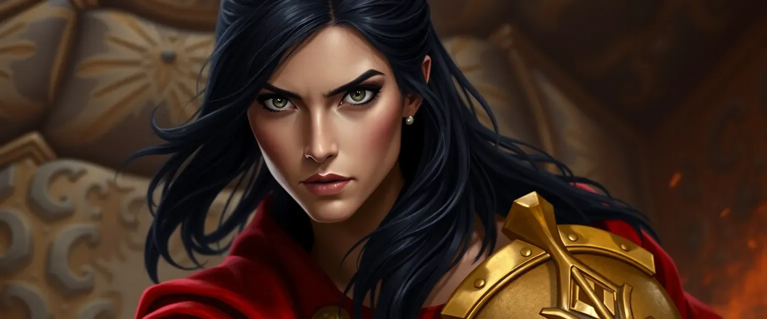 A 42-year-old woman with raven-black hair and sharp eyes, wearing a crimson gown with a golden breastplate.