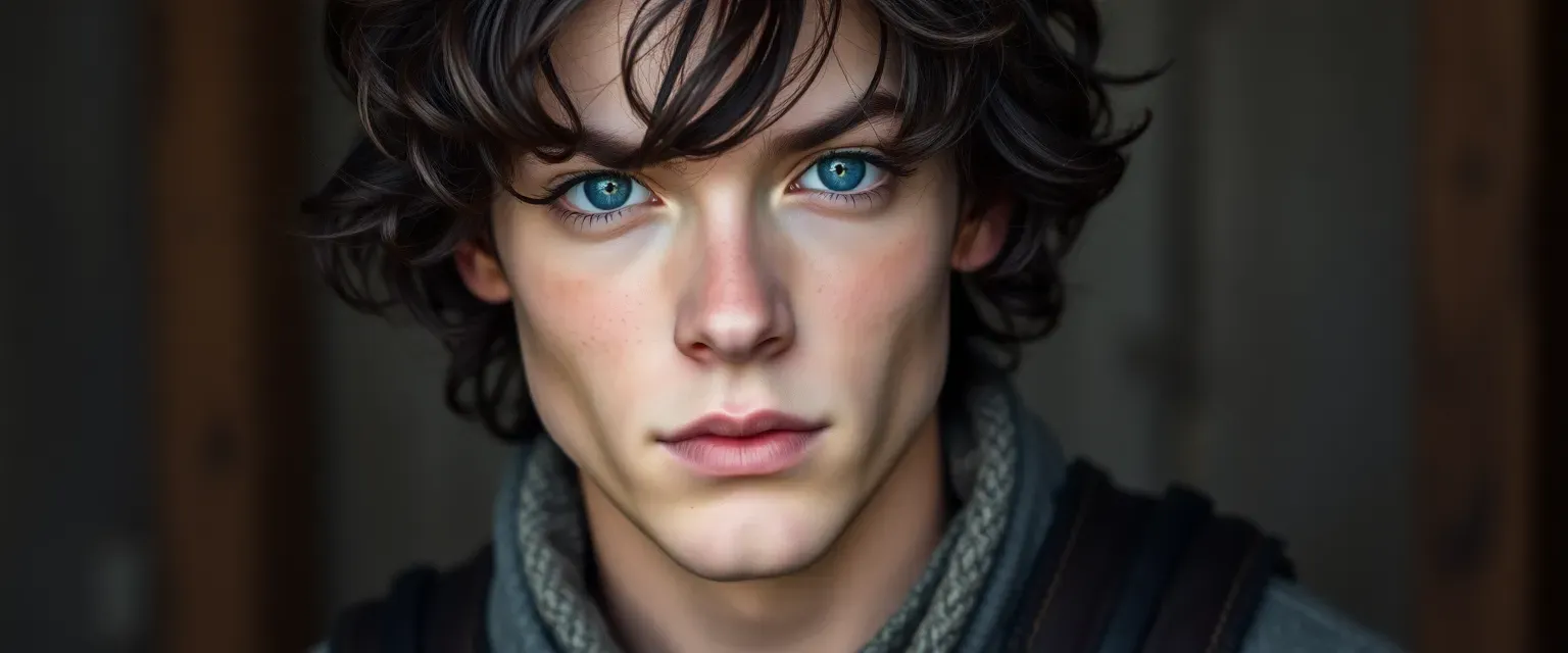 Young man with unruly dark curls and piercing blue eyes, dressed in practical clothing.