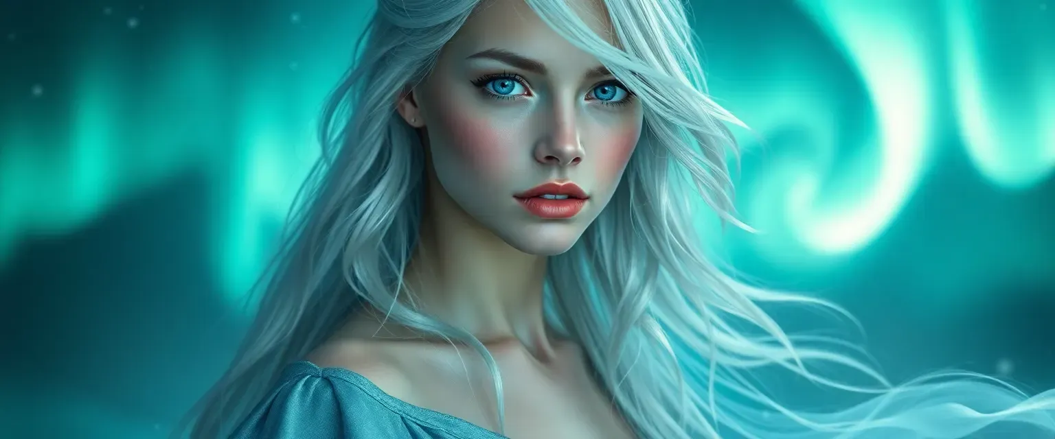 Young woman with pale skin, silver hair, blue eyes, wearing a flowing gown that shifts like northern lights.