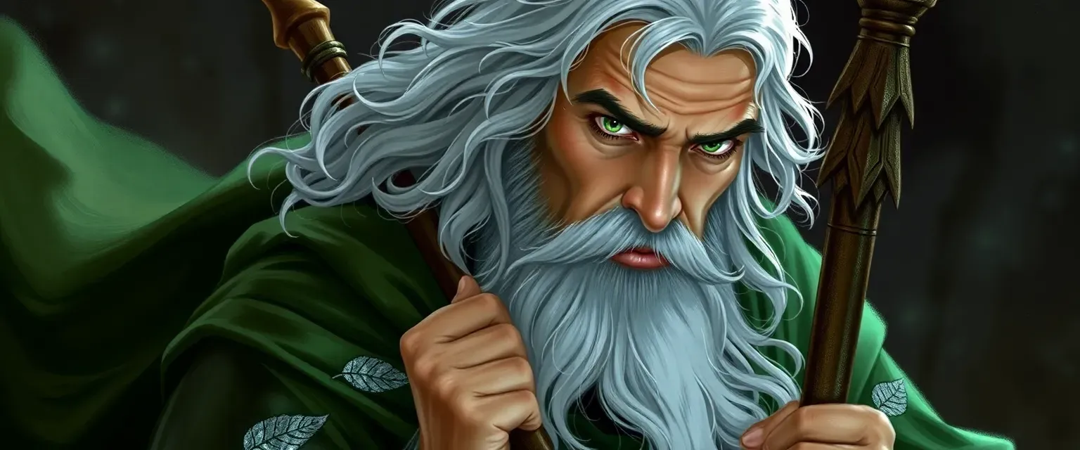 Silver-haired man in his 40s, green robe with silver leaf patterns, carrying a staff, green eyes.