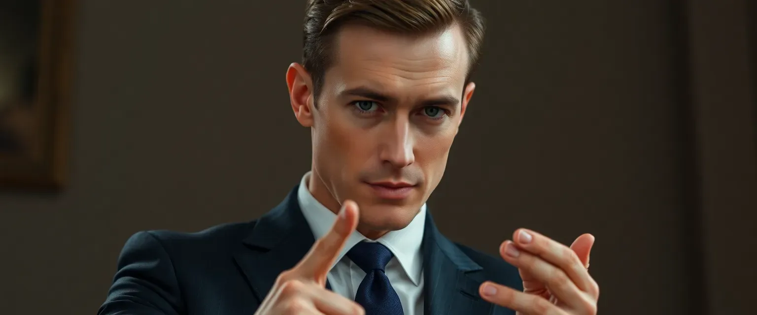 Late twenties man with short hair, sharp suits, gray eyes, tapping fingers rhythmically.