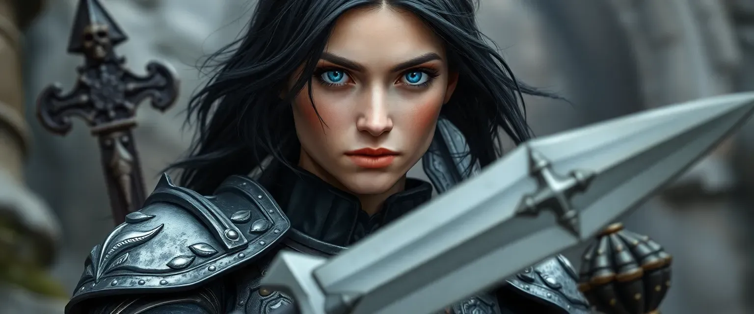Late 20s female human paladin in Gothic armor, raven hair, piercing blue eyes.