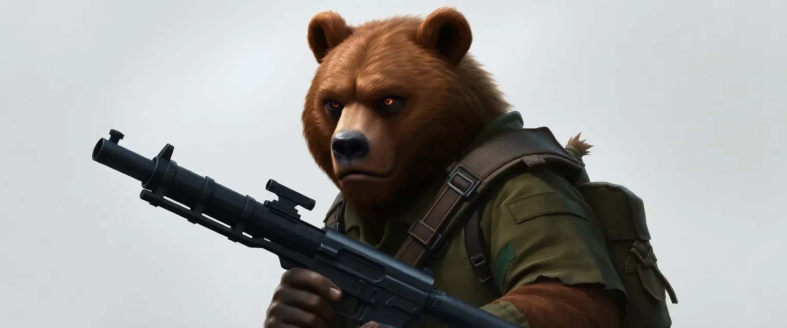 A grizzled bear soldier, 6'8", with dull brown fur and amber eyes, wearing a tattered camouflage uniform, holding a minigun.