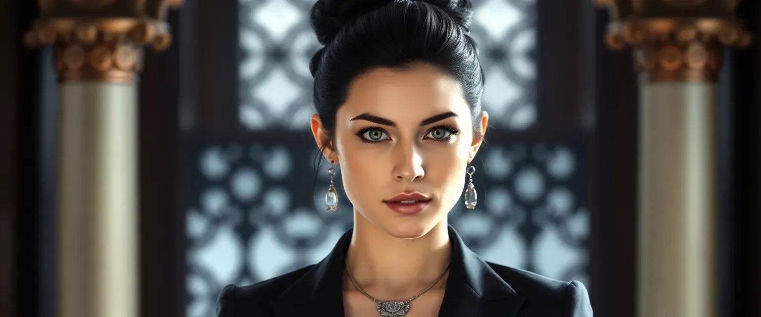 32-year-old woman with raven black hair in a bun, gray eyes, wearing a tailored suit and silver pendant.