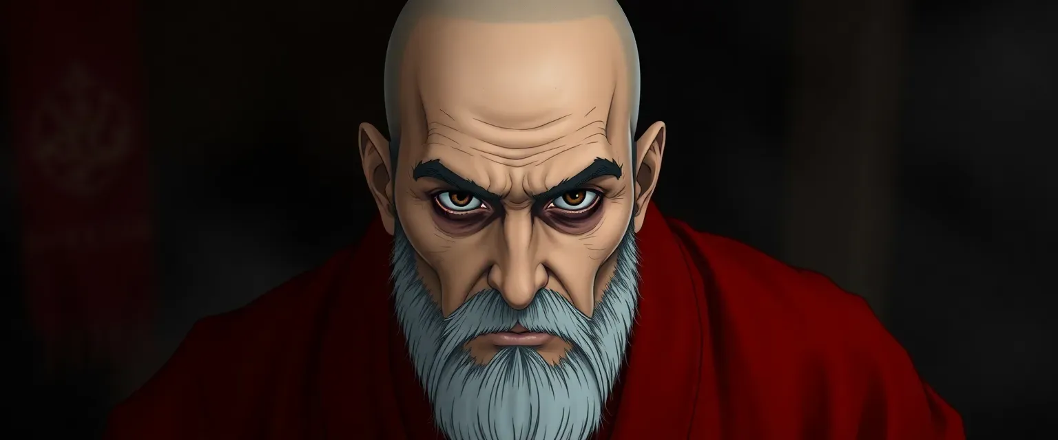 Bald, soot-smeared eyes, red robe with fire emblem, late forties.