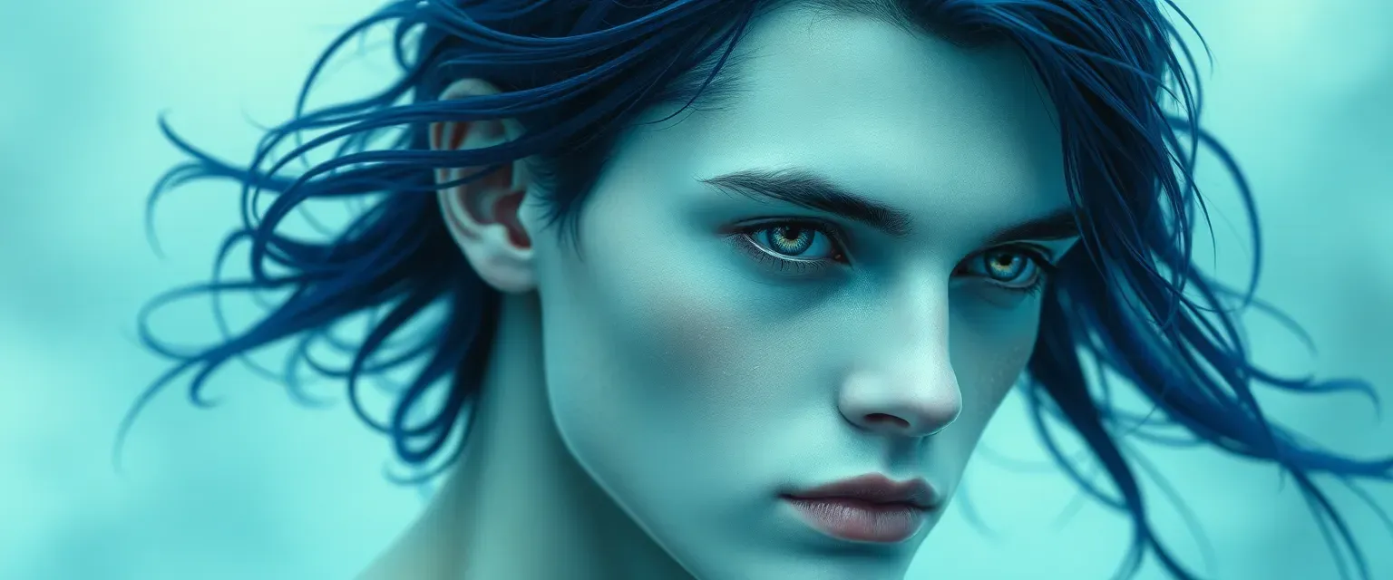 Young man with pale blue shimmering skin, violet-silver eyes, and dark indigo hair, ethereal and melancholic.