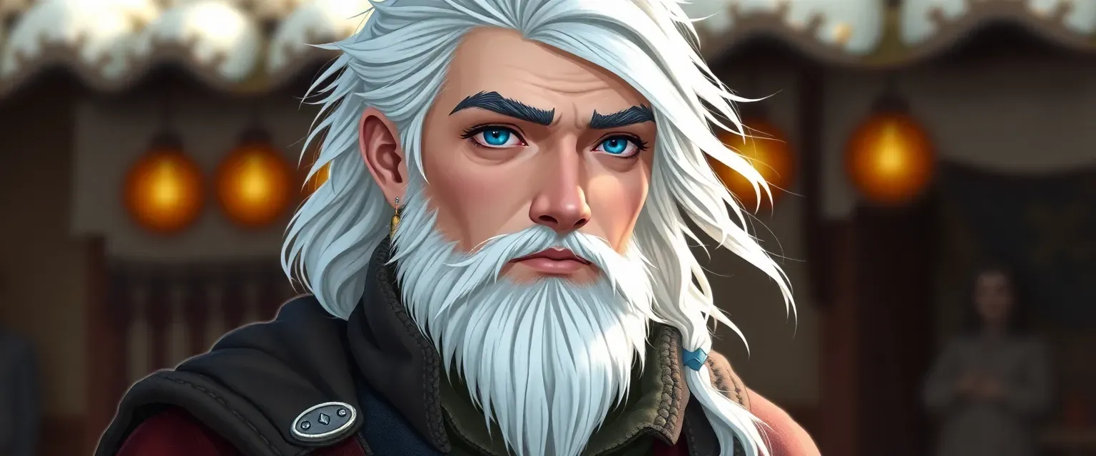 25-year-old merchant with icy blue skin, snowy white hair, wearing a blend of traditional and modern attire.