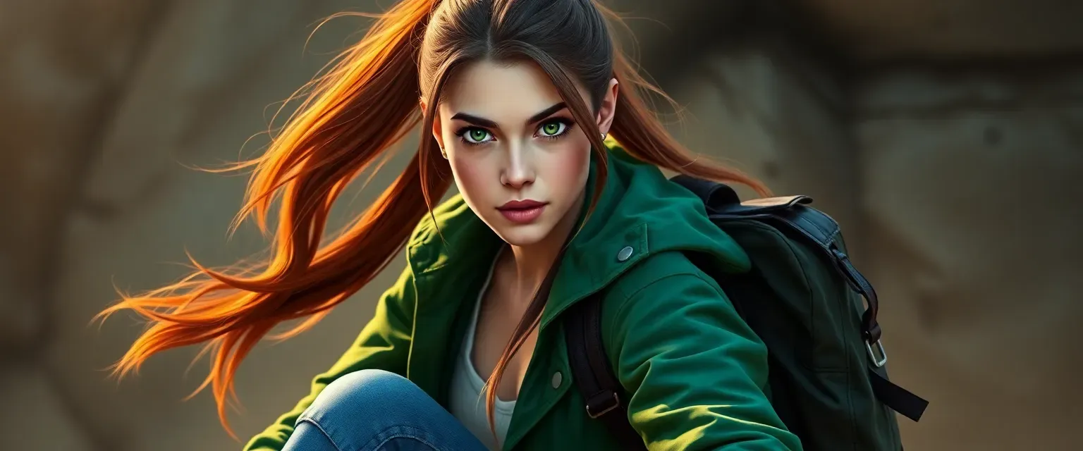 25-year-old woman with chestnut hair in a ponytail, emerald eyes, wearing earthy tones, jeans, and a green jacket.