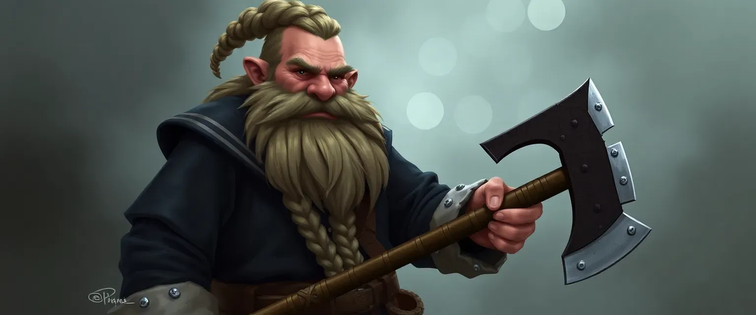 A sturdy dwarf with a long, braided beard, wearing a patched sailor's coat, wielding a battle-axe.