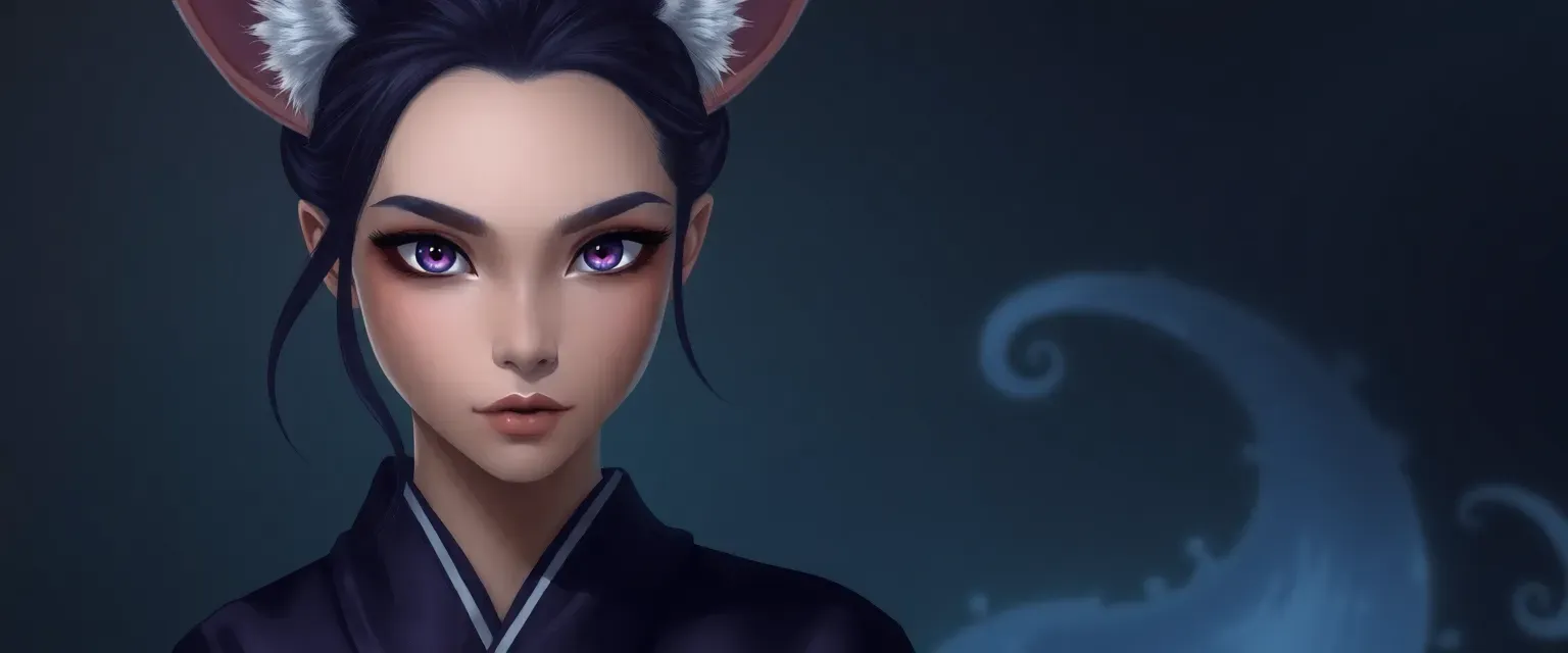 Young kitsune woman with midnight hair, violet eyes, wearing a mood-shifting silk kimono.