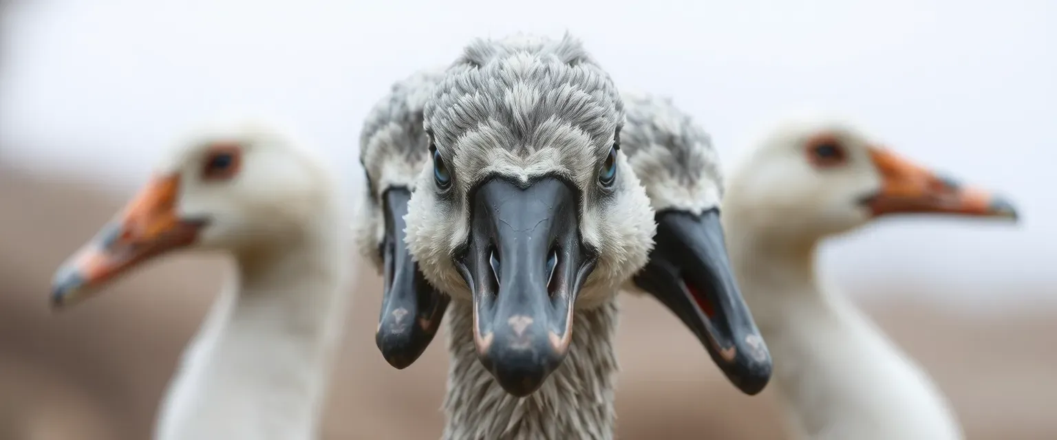 A five-headed goose with gray and white plumage, deep blue eyes, and a disheveled appearance.