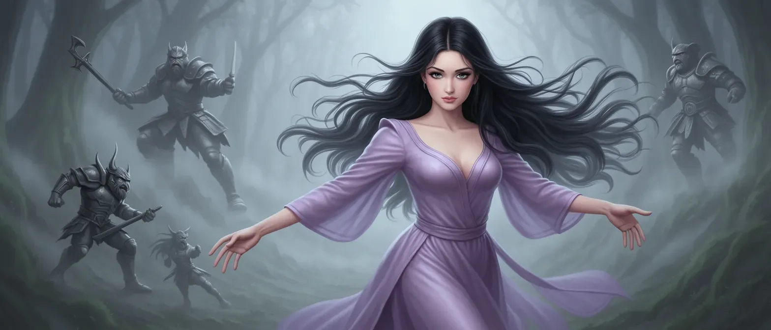 A 23-year-old woman with pale skin, storm-gray eyes flecked with silver, long raven hair, wearing a faded lavender silk gown, ethereal and delicate in a foggy manor setting.