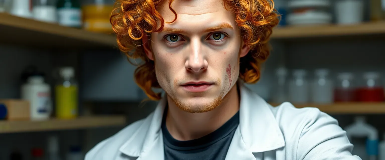 Early 30s scientist with curly ginger hair, scarred face, greyish-brown eyes, always in a lab coat, wearing a provocative t-shirt.