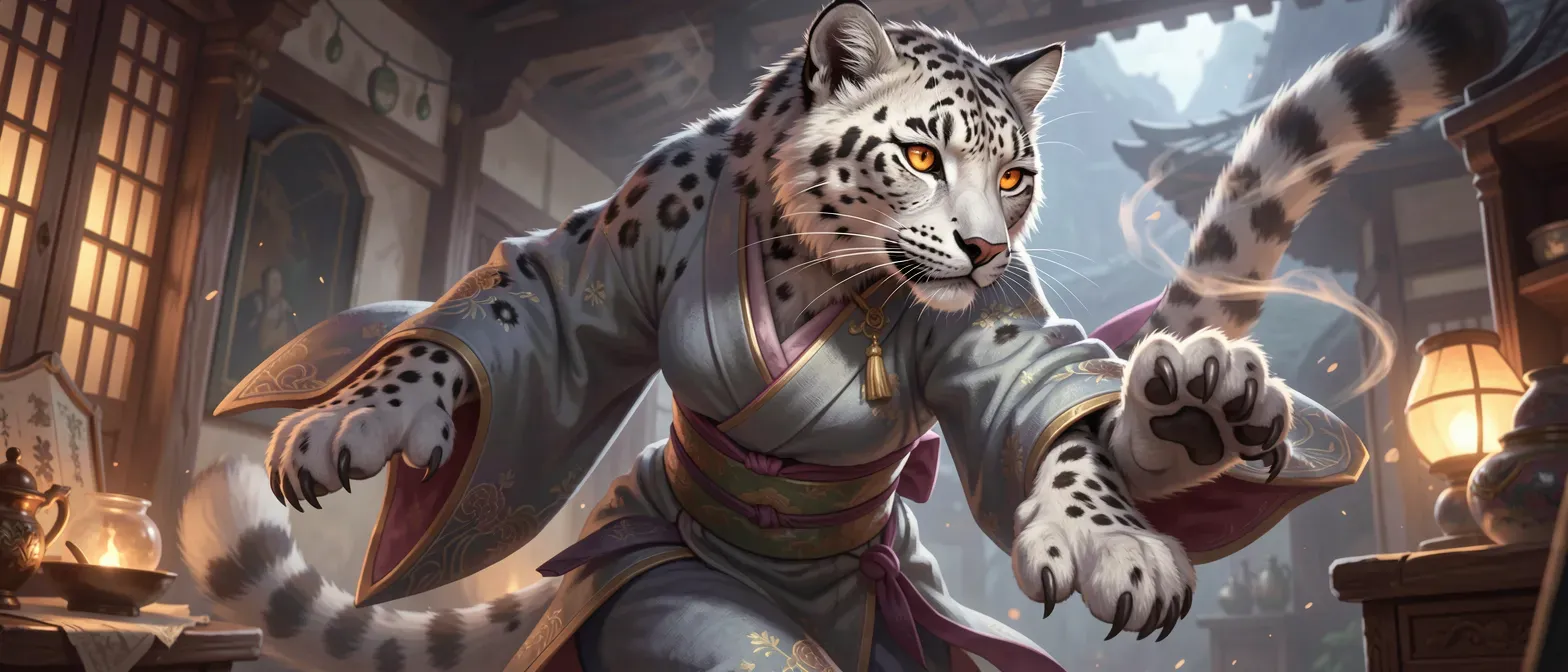 Snow leopard hybrid woman in Edo kimono, amber eyes, tufted ears, spotted fur patches, tail hidden, mysterious and lithe.
