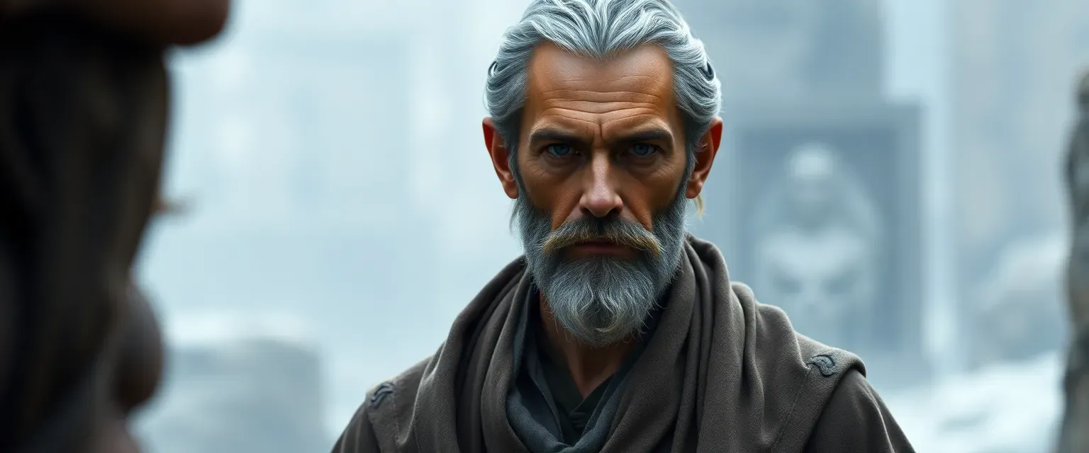 A slender man in his 50s with grey hair and a beard, wearing muted earth-toned robes, sharp eyes.