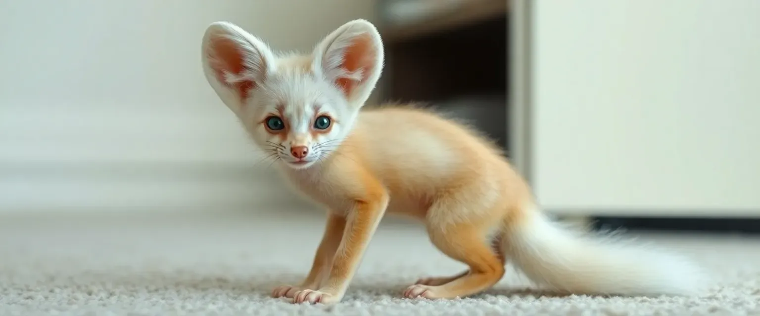 Small Fennec Fox, human form, snow-white fur on tail and ears, emerald eyes, naked at home.