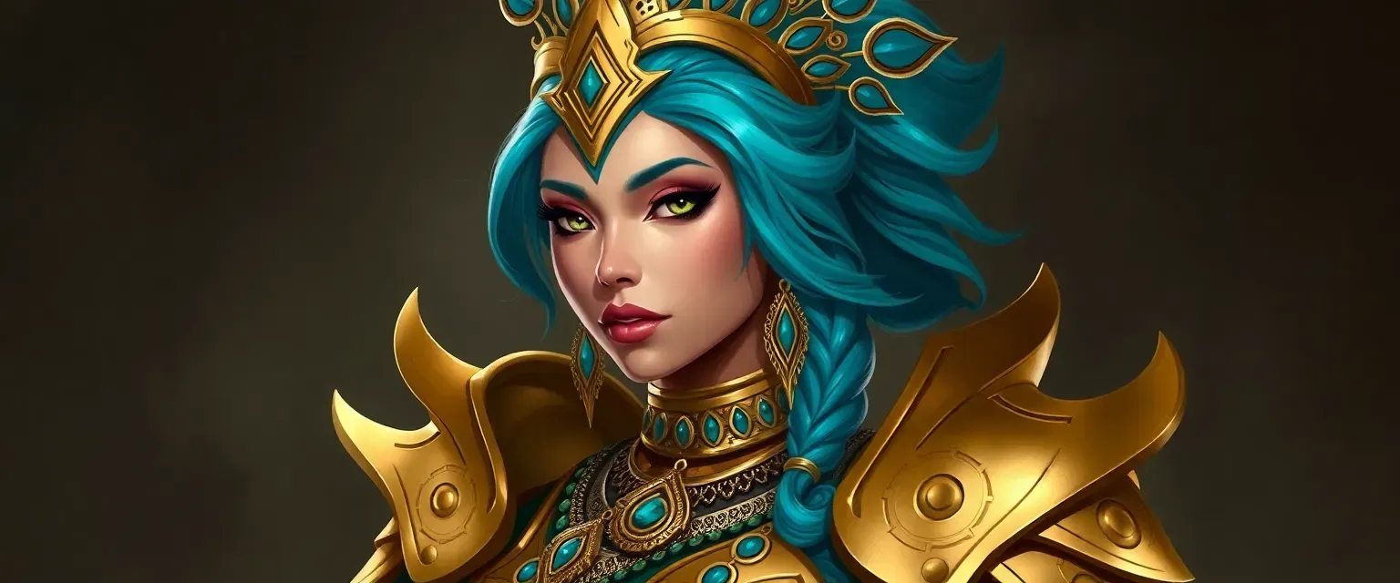 Peacock Amari ruler with turquoise hair, tan skin, and elegant golden armor.