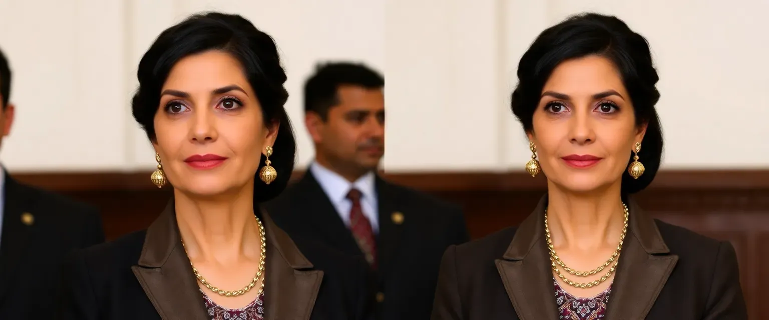 President Ana Velia: Olive-skinned woman in early 50s with long dark hair styled in low bun; wears traditional Jaekelian attire or elegant suits; confident posture; piercing dark eyes.